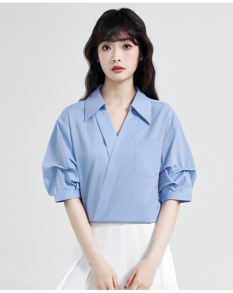 실사 2026 새로운 화이트 디자인 센스 V넥 여성 셔츠 여름 면접 착용 가져 가라. 반팔 맨위 작은 키 셔츠 상세 이미지 25