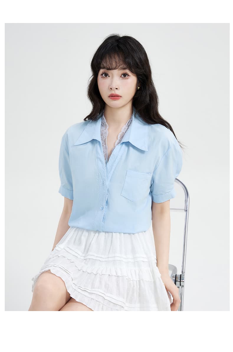 실사 프랑스식 레이스 조각 레트로 셔츠 여성용 짧은 소매 2026 년 여름 새로운 경력 저항 주름 흰 셔츠 상세 이미지 22
