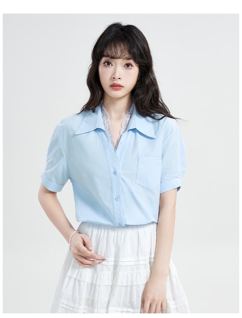 실사 프랑스식 레이스 조각 레트로 셔츠 여성용 짧은 소매 2026 년 여름 새로운 경력 저항 주름 흰 셔츠 상세 이미지 24