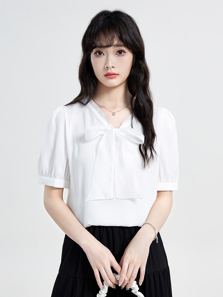 2026 실사 새로운 나비 매듭 여성 셔츠 프랑스식 거품 소매 작은 키 면접 새틴 반팔 셔츠 이미지 2