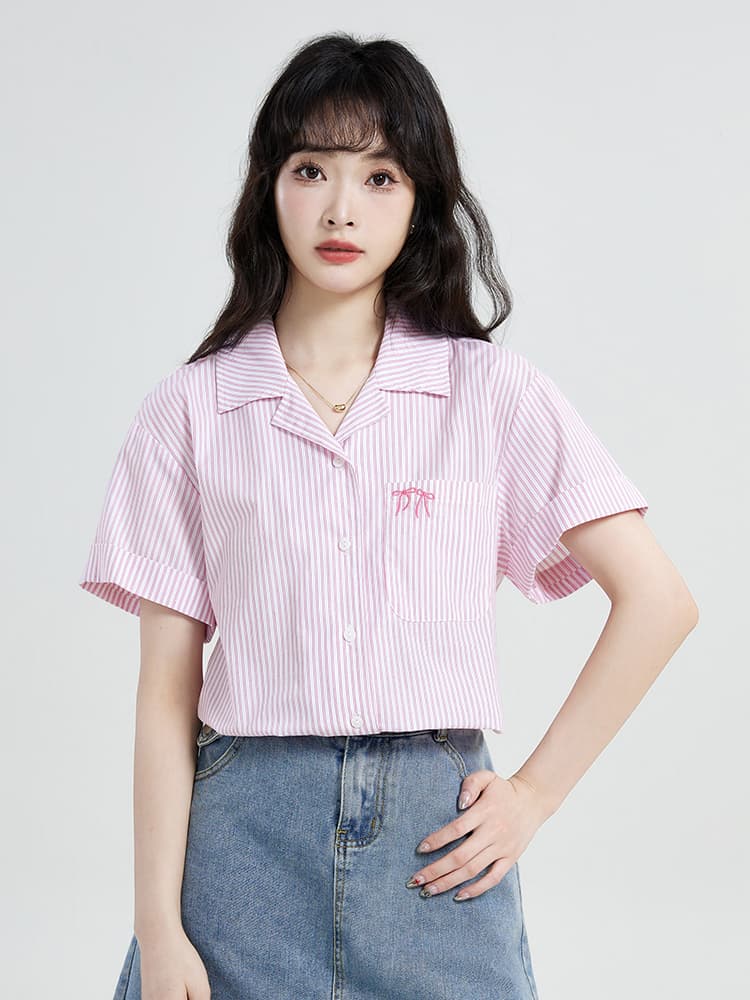 실사 2026 레트로 스트라이프 배색 나비 매듭 자수 루즈핏 다용도 여성 셔츠 여름 새로운 이미지 2
