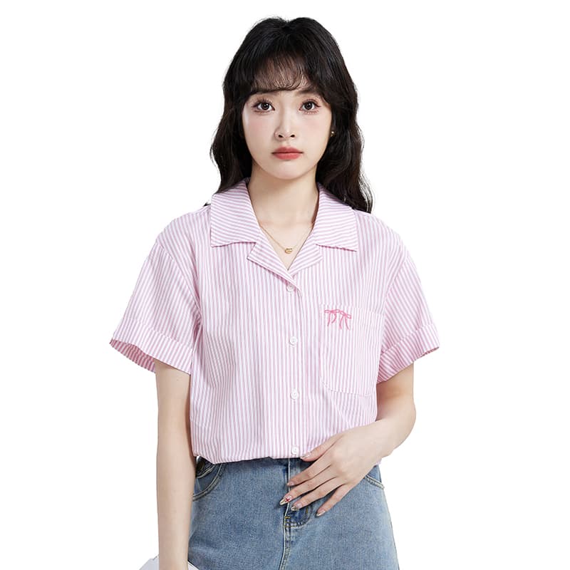 실사 2026 레트로 스트라이프 배색 나비 매듭 자수 루즈핏 다용도 여성 셔츠 여름 새로운 이미지 5