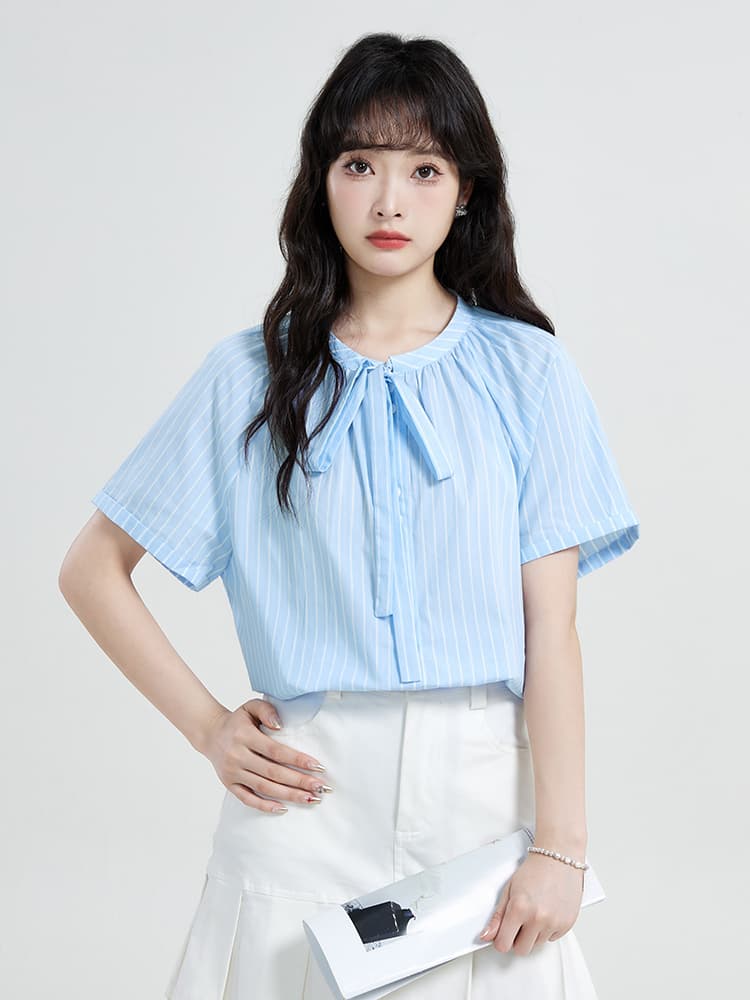 실사 2026 여성 셔츠 여름 새로운 프랑스식 라운드 넥 나비 매듭 삽입 어깨 소매 셔츠 맨위