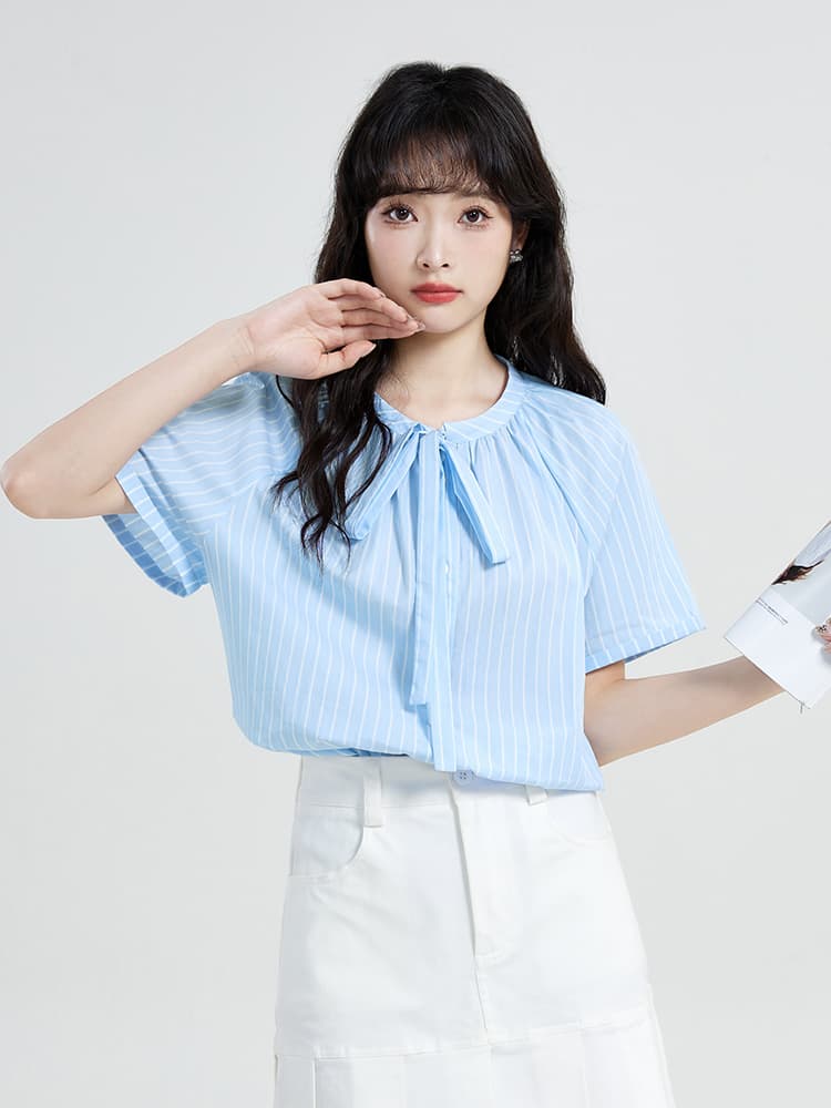 실사 2026 여성 셔츠 여름 새로운 프랑스식 라운드 넥 나비 매듭 삽입 어깨 소매 셔츠 맨위 이미지 4