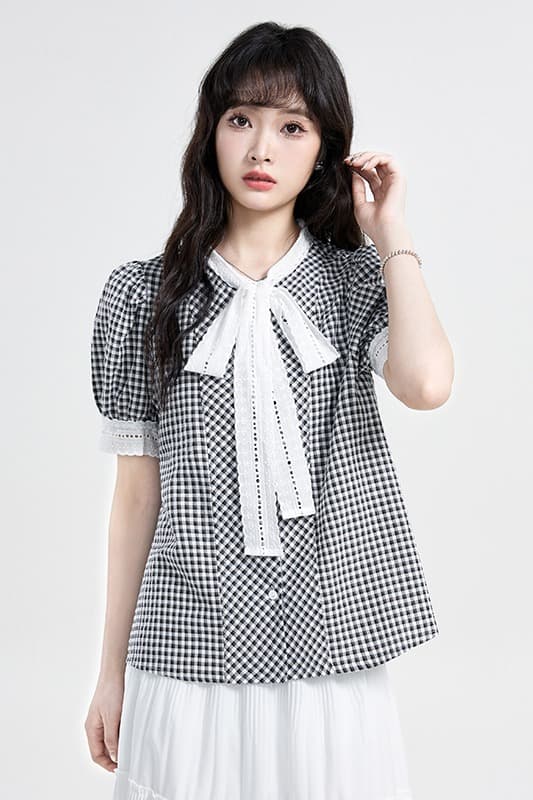 실사 프랑스식 레트로 스타일 체크무늬 홀로우 아웃 레이스 셔츠 2026 여름 새로운 느긋한 거품 소매 맨위 이미지 6