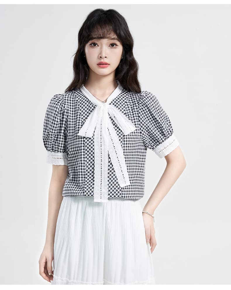 실사 프랑스식 레트로 스타일 체크무늬 홀로우 아웃 레이스 셔츠 2026 여름 새로운 느긋한 거품 소매 맨위 상세 이미지 15