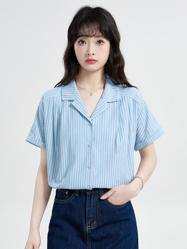실사 프랑스식 스트라이프 정장 칼라 반팔 여성 셔츠 여름 섹션 디자인 센스 작은 대중 루즈핏 셔츠 출퇴근 맨위 이미지 3