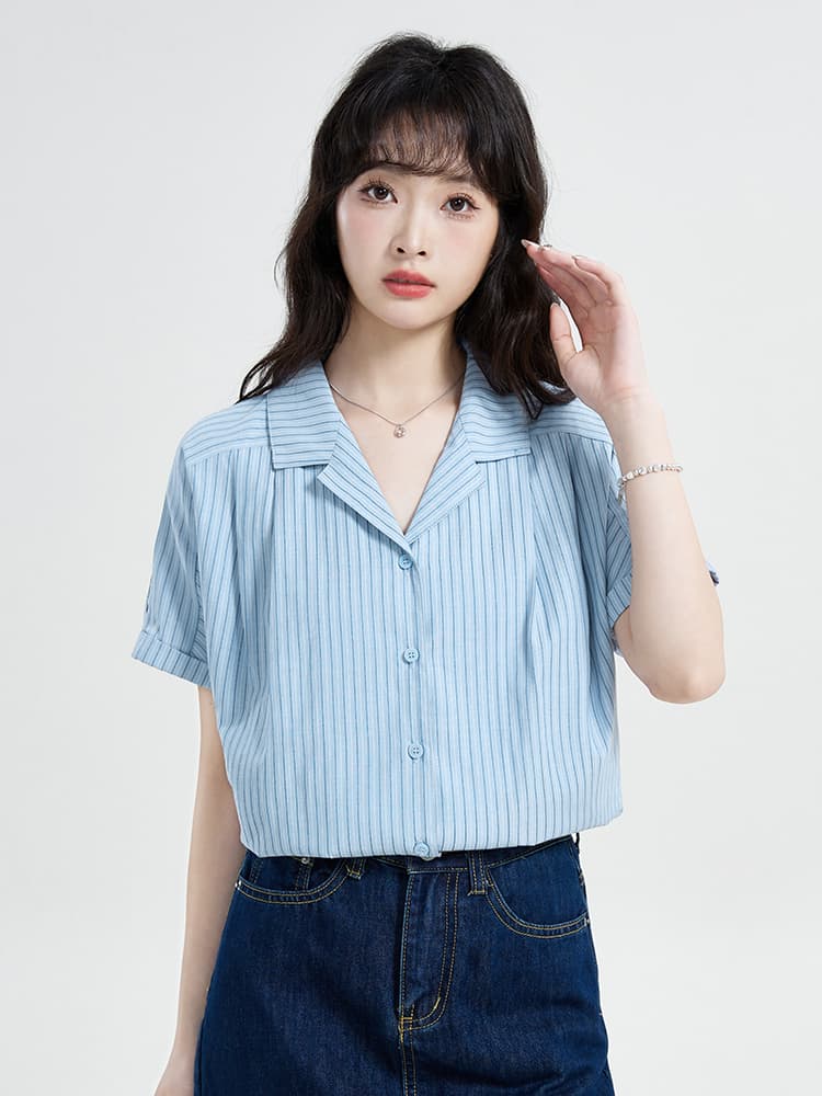 실사 프랑스식 스트라이프 정장 칼라 반팔 여성 셔츠 여름 섹션 디자인 센스 작은 대중 루즈핏 셔츠 출퇴근 맨위 이미지 4