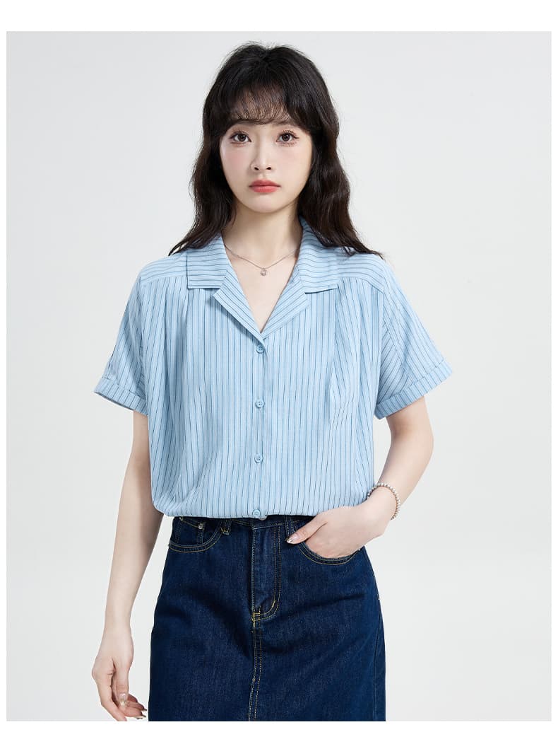 실사 프랑스식 스트라이프 정장 칼라 반팔 여성 셔츠 여름 섹션 디자인 센스 작은 대중 루즈핏 셔츠 출퇴근 맨위 상세 이미지 14