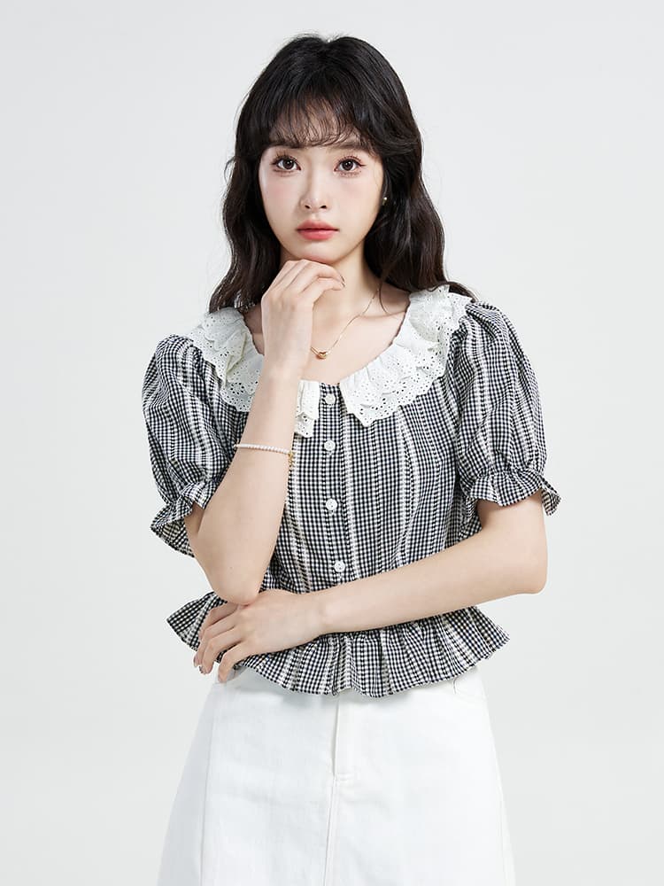 실사 베이비 칼라 면 린넨 격자 무늬 셔츠 여성용 짧은 소매 여름 새로운 이중층 레이스 홀로우 아웃 자수 쇼트 스타일 맨위 이미지 4