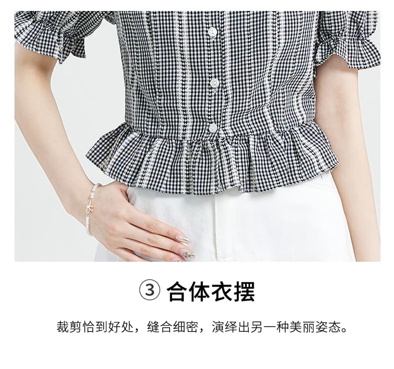 실사 베이비 칼라 면 린넨 격자 무늬 셔츠 여성용 짧은 소매 여름 새로운 이중층 레이스 홀로우 아웃 자수 쇼트 스타일 맨위 상세 이미지 6