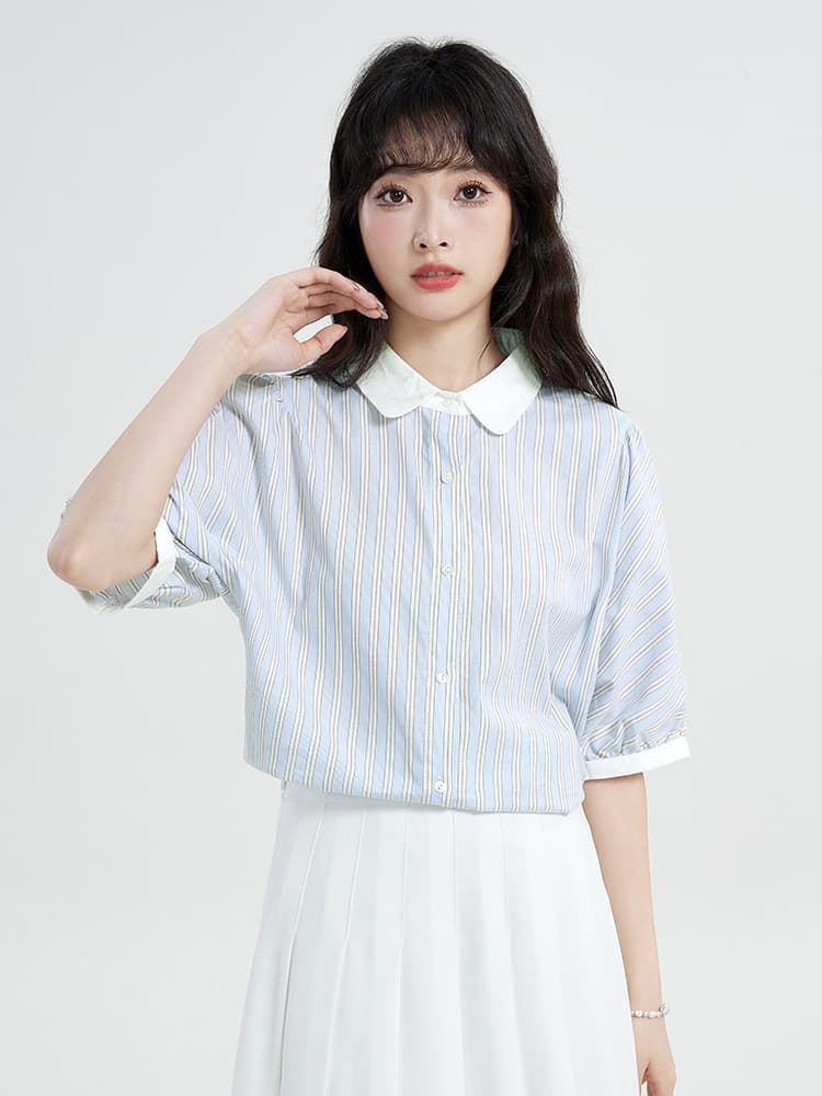 실사 레트로 스트라이프 셔츠 2026 새로운 배색 폴로 칼라 맨위 작은 키 반팔 여름 miu 바람 이미지 3
