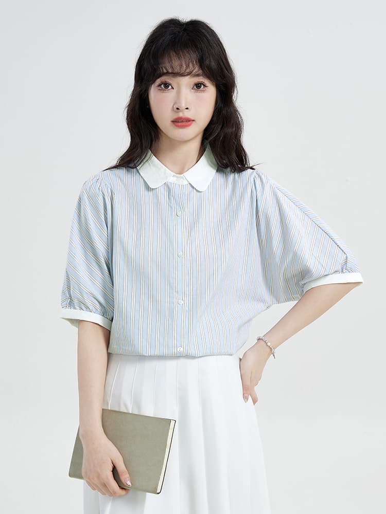 실사 레트로 스트라이프 셔츠 2026 새로운 배색 폴로 칼라 맨위 작은 키 반팔 여름 miu 바람 이미지 4