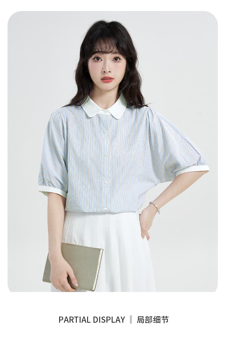 실사 레트로 스트라이프 셔츠 2026 새로운 배색 폴로 칼라 맨위 작은 키 반팔 여름 miu 바람 상세 이미지 3
