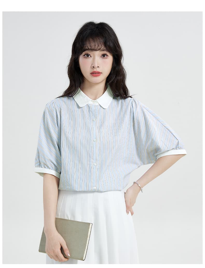 실사 레트로 스트라이프 셔츠 2026 새로운 배색 폴로 칼라 맨위 작은 키 반팔 여름 miu 바람 상세 이미지 14