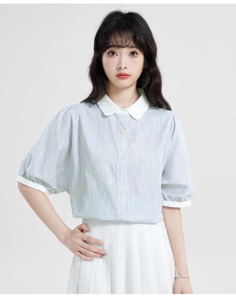 실사 레트로 스트라이프 셔츠 2026 새로운 배색 폴로 칼라 맨위 작은 키 반팔 여름 miu 바람 상세 이미지 16