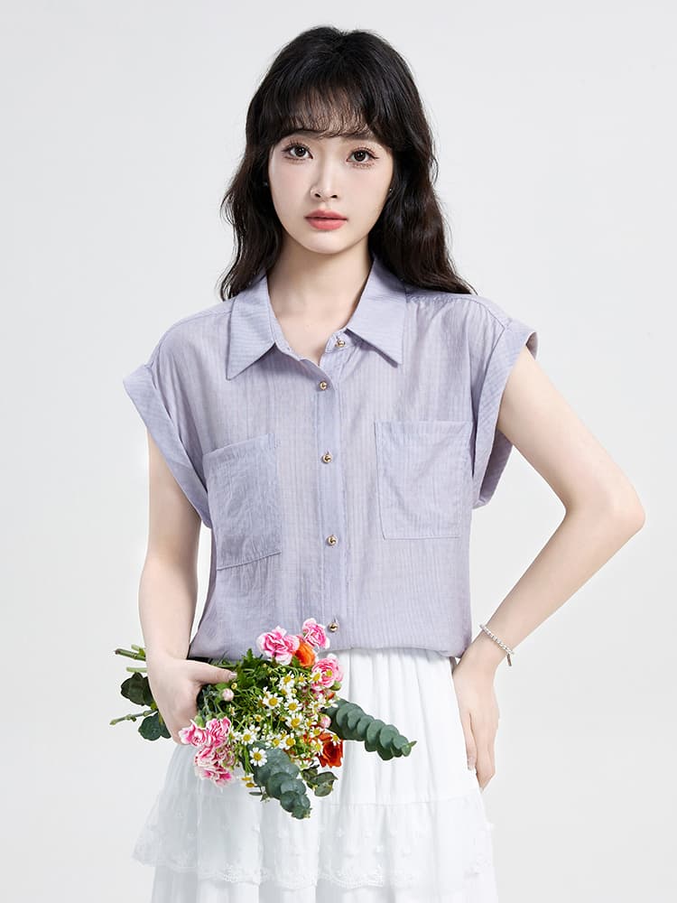 실사 2026 년 보라색 품격 출퇴근 민소매 여성 셔츠 여름 프랑스식 부드러운 느긋한 바람 루즈핏 맨위 이미지 3