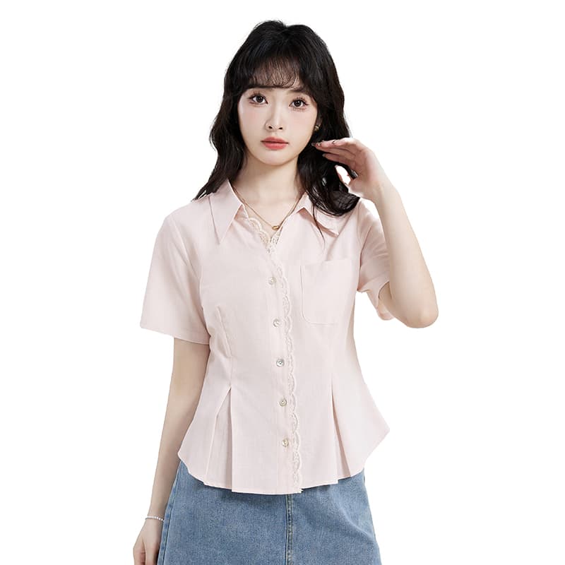 실사 2026 새로운 핑크색 프랑스식 레이스 패치워크 셔츠 허리 수축 슬림해 보이는 반팔 셔츠 이미지 5
