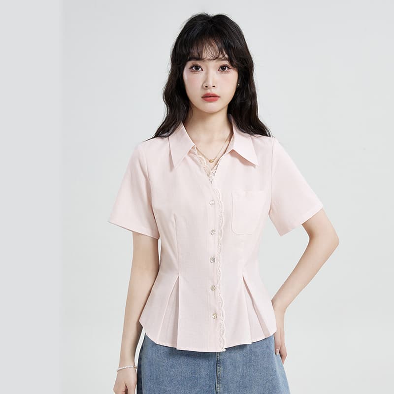실사 2026 새로운 핑크색 프랑스식 레이스 패치워크 셔츠 허리 수축 슬림해 보이는 반팔 셔츠