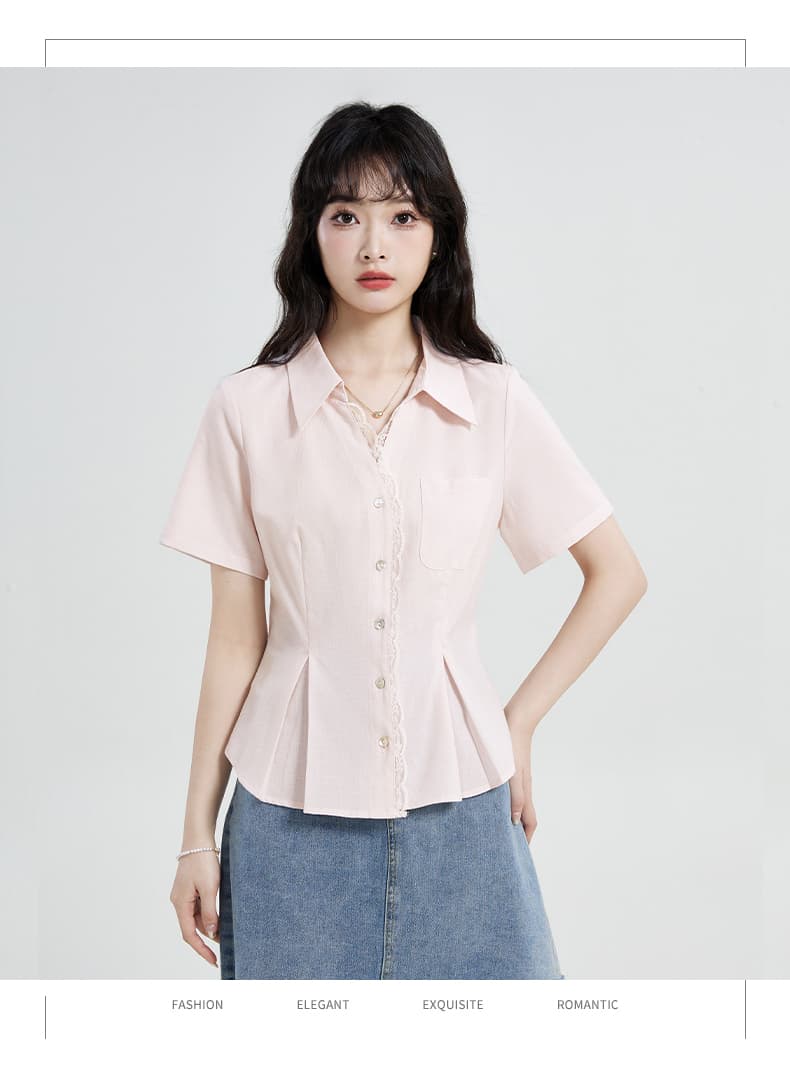 실사 2026 새로운 핑크색 프랑스식 레이스 패치워크 셔츠 허리 수축 슬림해 보이는 반팔 셔츠 상세 이미지 17