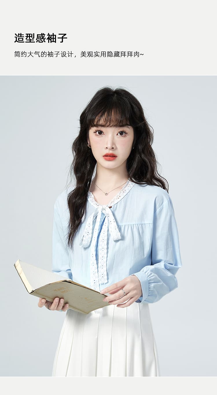 실사 가을 새로운 마이너스 칼라 레이스 레이스업 디자인 싱글 줄 버튼 루즈핏 긴팔 여성 셔츠 다용도 맨위 상세 이미지 5