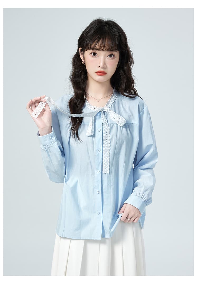 실사 가을 새로운 마이너스 칼라 레이스 레이스업 디자인 싱글 줄 버튼 루즈핏 긴팔 여성 셔츠 다용도 맨위 상세 이미지 13