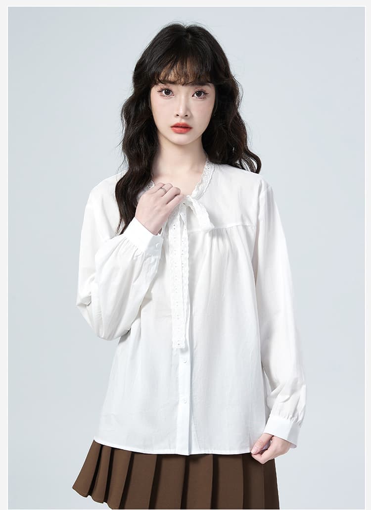 실사 가을 새로운 마이너스 칼라 레이스 레이스업 디자인 싱글 줄 버튼 루즈핏 긴팔 여성 셔츠 다용도 맨위 상세 이미지 26