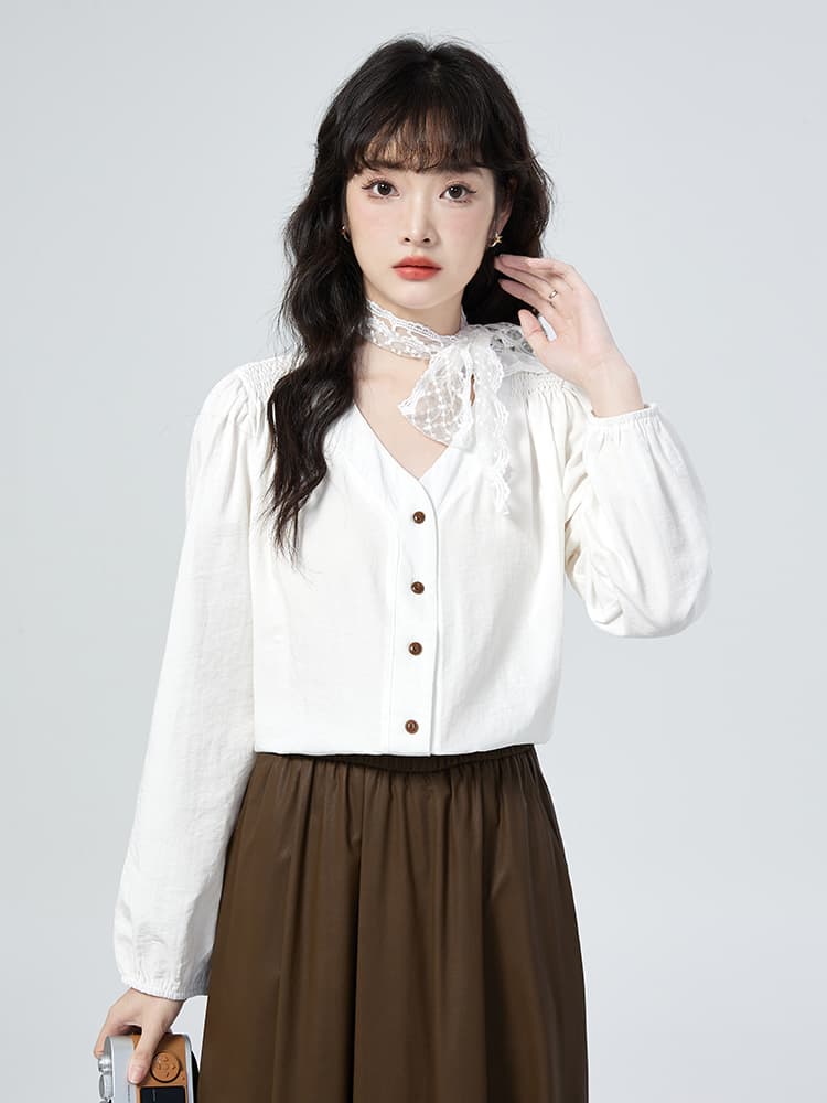 실사 2026 새로운 프랑스식 V 넥 셔츠 작은 대중 디자인 센스 연령 감소 맨위 레이스 숄 이미지 2