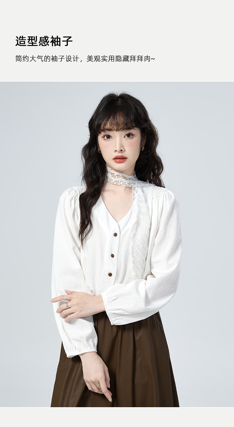 실사 2026 새로운 프랑스식 V 넥 셔츠 작은 대중 디자인 센스 연령 감소 맨위 레이스 숄 상세 이미지 5