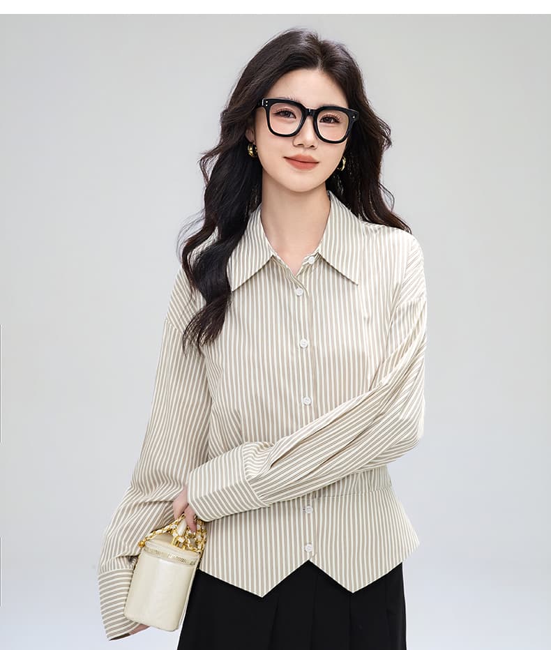 실사 프랑스식 스트라이프 셔츠 여성 허리 수축 2026 봄 가을 경력 출퇴근 셔츠 트임 디자인 센스 맨위 상세 이미지 19