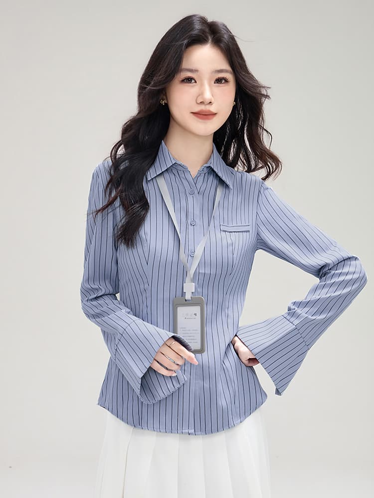 실사 2026 새로운 봄 가을 여성 의류 파란색 긴팔 느긋한 바람 맨위 품격 셔츠 여성 이미지 4