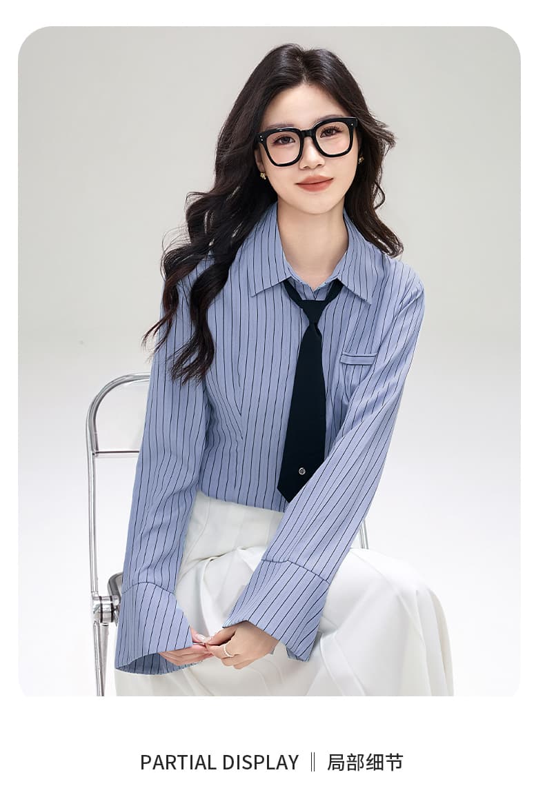 실사 2026 새로운 봄 가을 여성 의류 파란색 긴팔 느긋한 바람 맨위 품격 셔츠 여성 상세 이미지 3