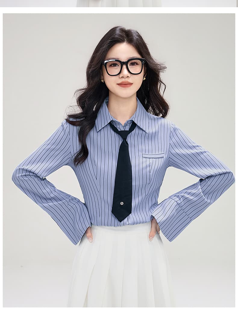 실사 2026 새로운 봄 가을 여성 의류 파란색 긴팔 느긋한 바람 맨위 품격 셔츠 여성 상세 이미지 15