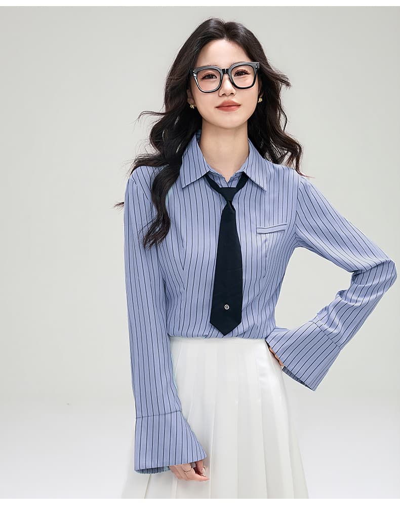실사 2026 새로운 봄 가을 여성 의류 파란색 긴팔 느긋한 바람 맨위 품격 셔츠 여성 상세 이미지 17