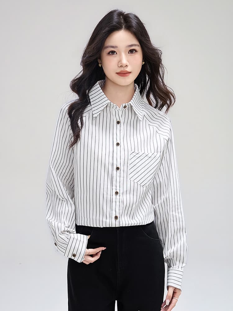 실사 2026 스트라이프 긴팔 여성 셔츠 가을 새로운 루즈핏 인사이드 가져 가라. 슈퍼 잘 생긴 캐주얼 맨위 이미지 3