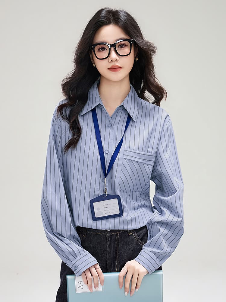실사 플러시 센스 스트라이프 막대기 가방 셔츠 봄 새로운 디자인 센스 루즈핏 캐주얼 긴팔 셔츠