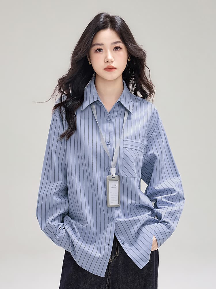 실사 플러시 센스 스트라이프 막대기 가방 셔츠 봄 새로운 디자인 센스 루즈핏 캐주얼 긴팔 셔츠 이미지 3