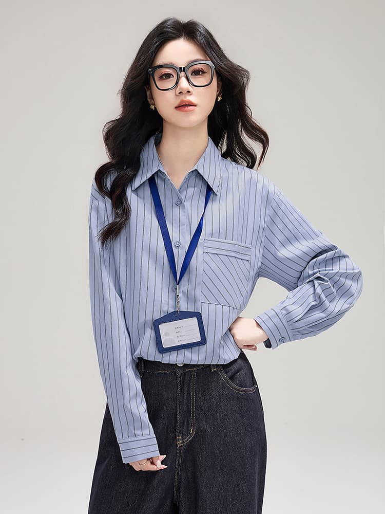 실사 플러시 센스 스트라이프 막대기 가방 셔츠 봄 새로운 디자인 센스 루즈핏 캐주얼 긴팔 셔츠 이미지 4