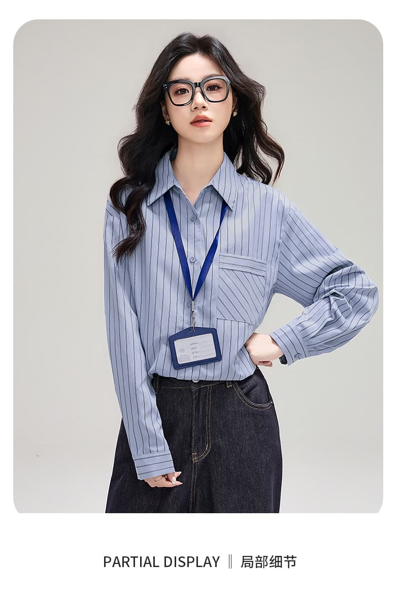 실사 플러시 센스 스트라이프 막대기 가방 셔츠 봄 새로운 디자인 센스 루즈핏 캐주얼 긴팔 셔츠 상세 이미지 3