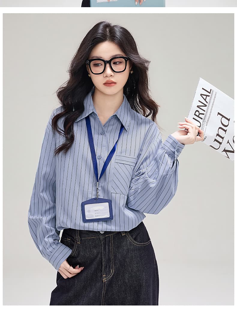 실사 플러시 센스 스트라이프 막대기 가방 셔츠 봄 새로운 디자인 센스 루즈핏 캐주얼 긴팔 셔츠 상세 이미지 15