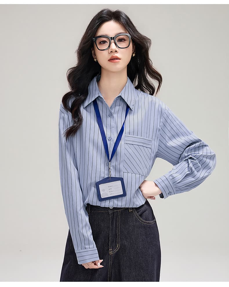 실사 플러시 센스 스트라이프 막대기 가방 셔츠 봄 새로운 디자인 센스 루즈핏 캐주얼 긴팔 셔츠 상세 이미지 16