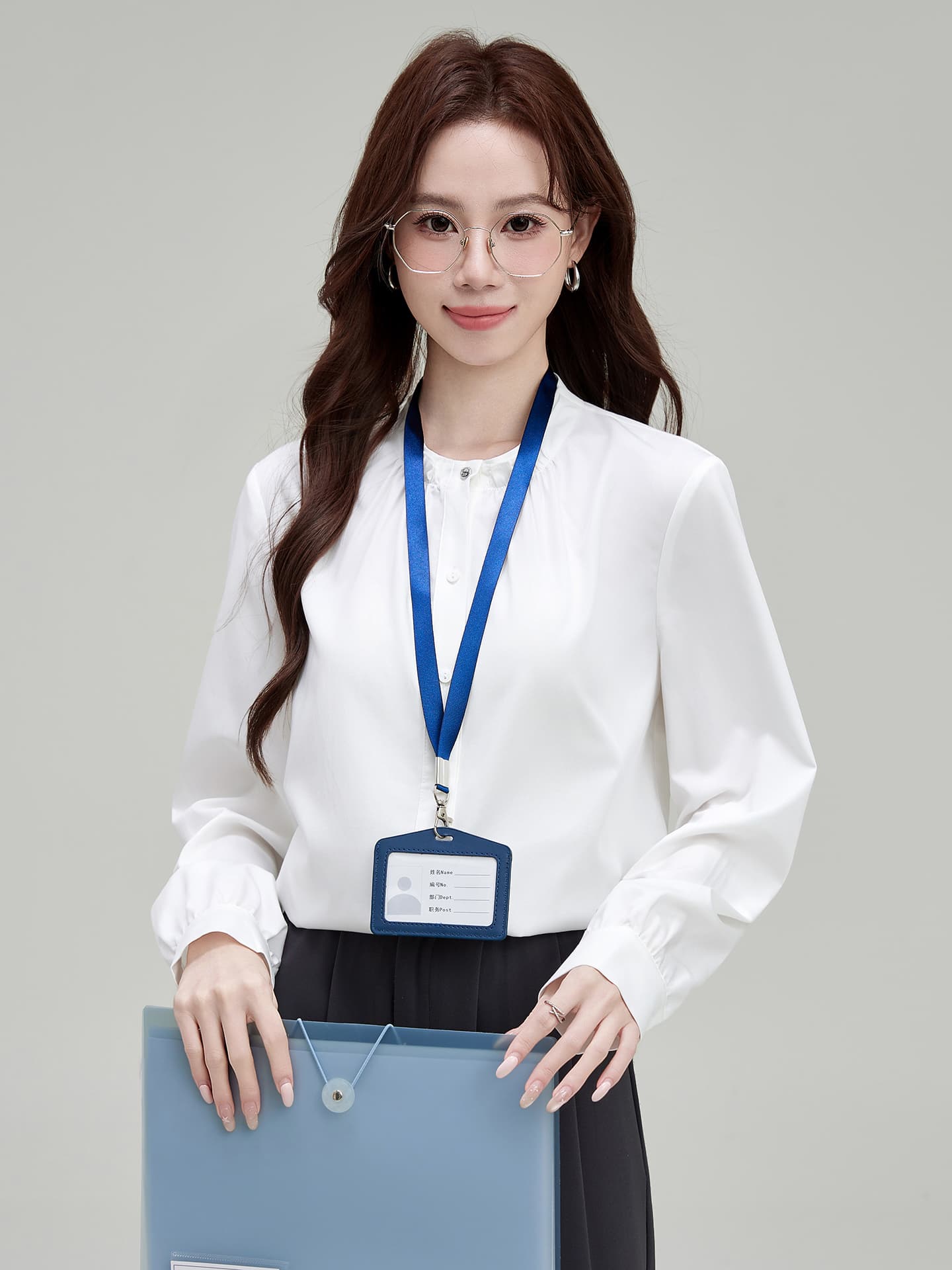 2026 실사 파란색 스탠드 칼라 여성 셔츠 가을 새로운 출퇴근 흰 셔츠 긴팔 이미지 3