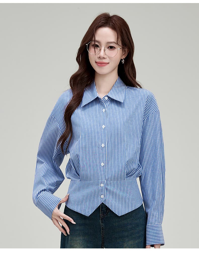 실사 프랑스식 스트라이프 셔츠 여성 허리 수축 2026 새로운 봄 가을 경력 출퇴근 셔츠 트임 맨위 상세 이미지 16