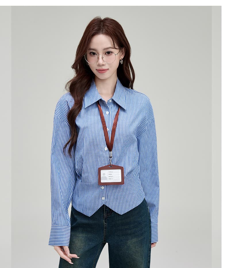 실사 프랑스식 스트라이프 셔츠 여성 허리 수축 2026 새로운 봄 가을 경력 출퇴근 셔츠 트임 맨위 상세 이미지 18