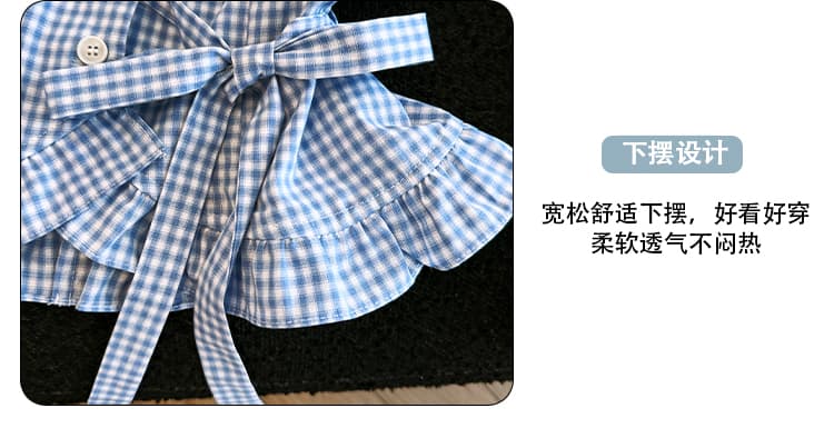 재고 있음 프랑스식 광장 칼라 파란색 체크무늬 반팔 여성 셔츠 스트랩 허리 수축 거품 소매 체크무늬 셔츠 쇼트 스타일 맨위 상세 이미지 7