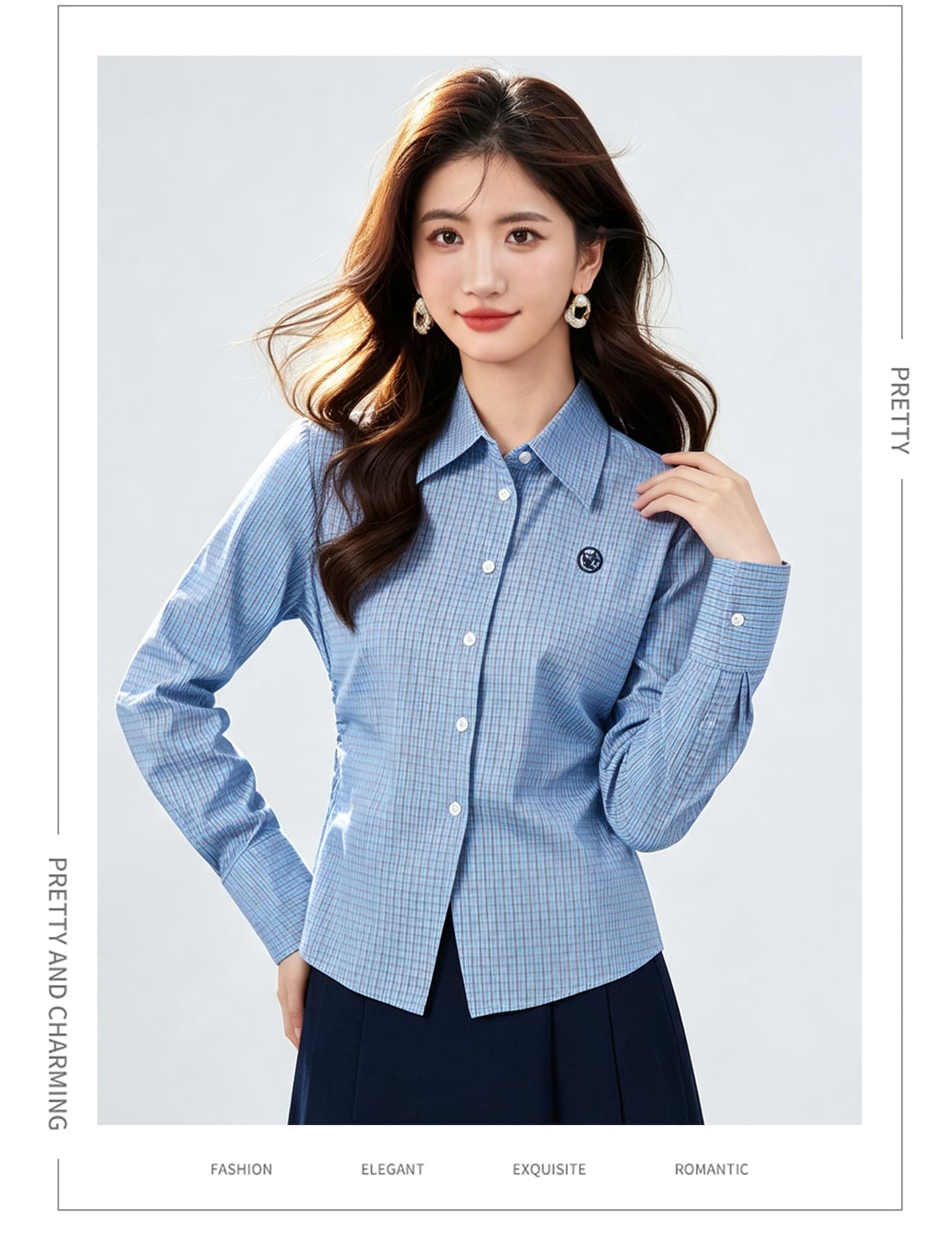 실사 파란색 여성 셔츠 2026 년 가을 새로운 허리 수축 프랑스식 몸매 가꾸기 긴팔 체크무늬 맨위 상세 이미지 14