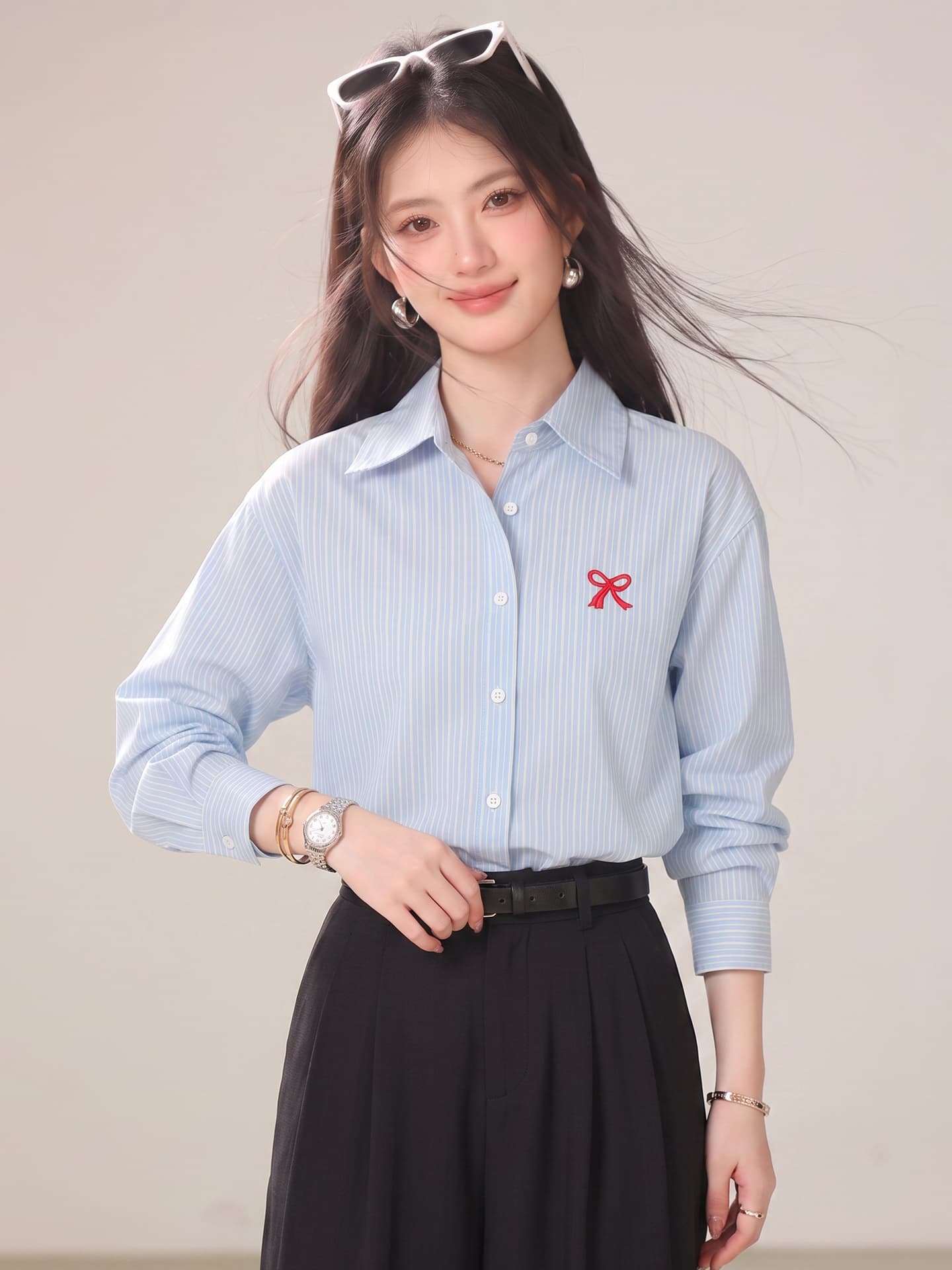 실사 나비 매듭 자수 셔츠 POLO 칼라 오픈 가디건 여성 코트 가을 봄 단색 셔츠 맨위 이미지 3