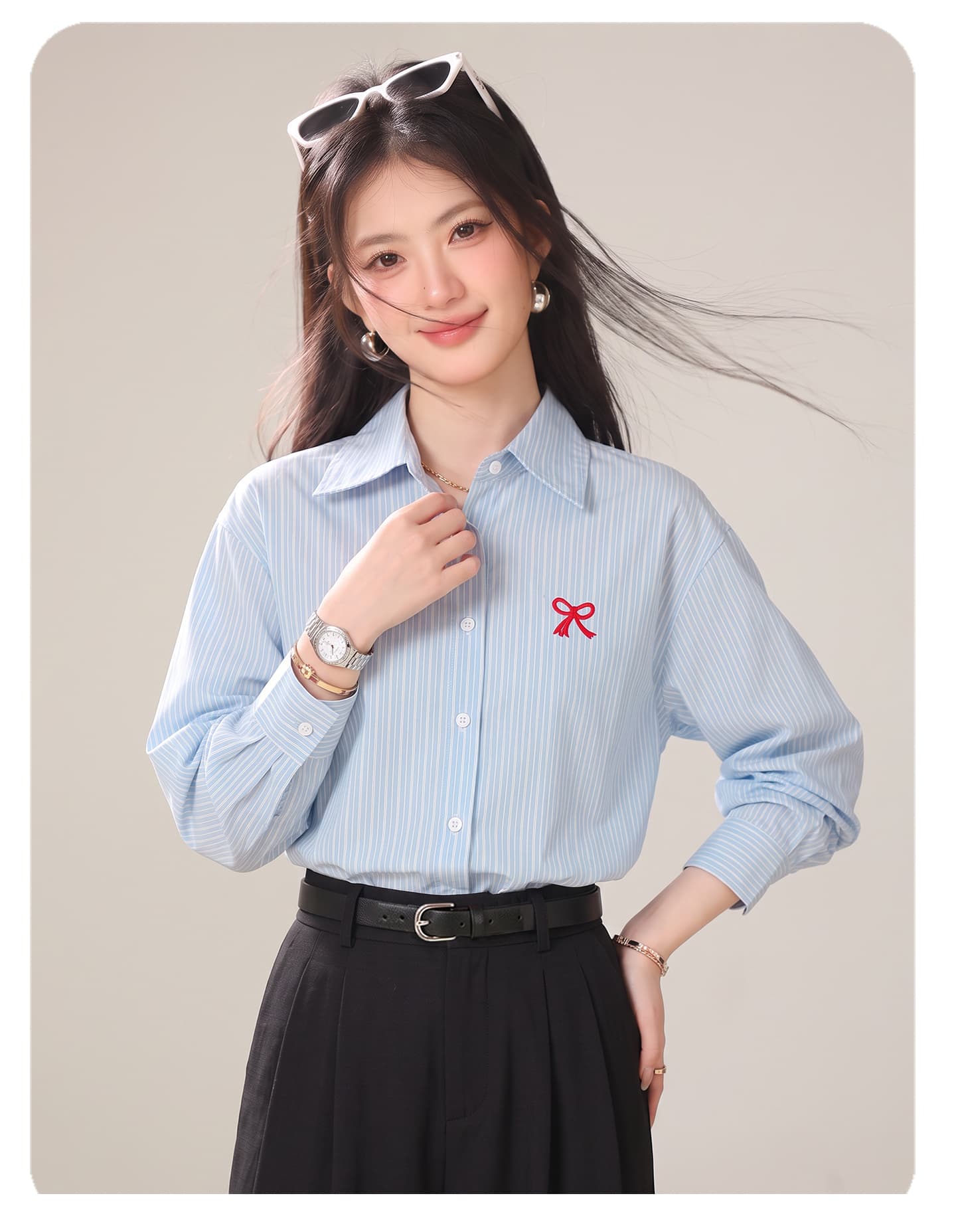 실사 나비 매듭 자수 셔츠 POLO 칼라 오픈 가디건 여성 코트 가을 봄 단색 셔츠 맨위 상세 이미지 4