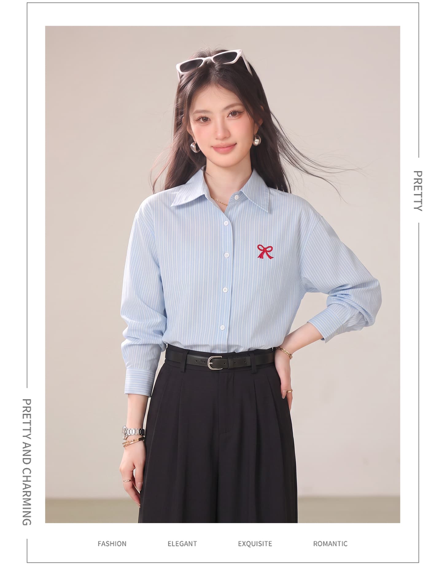 실사 나비 매듭 자수 셔츠 POLO 칼라 오픈 가디건 여성 코트 가을 봄 단색 셔츠 맨위 상세 이미지 10