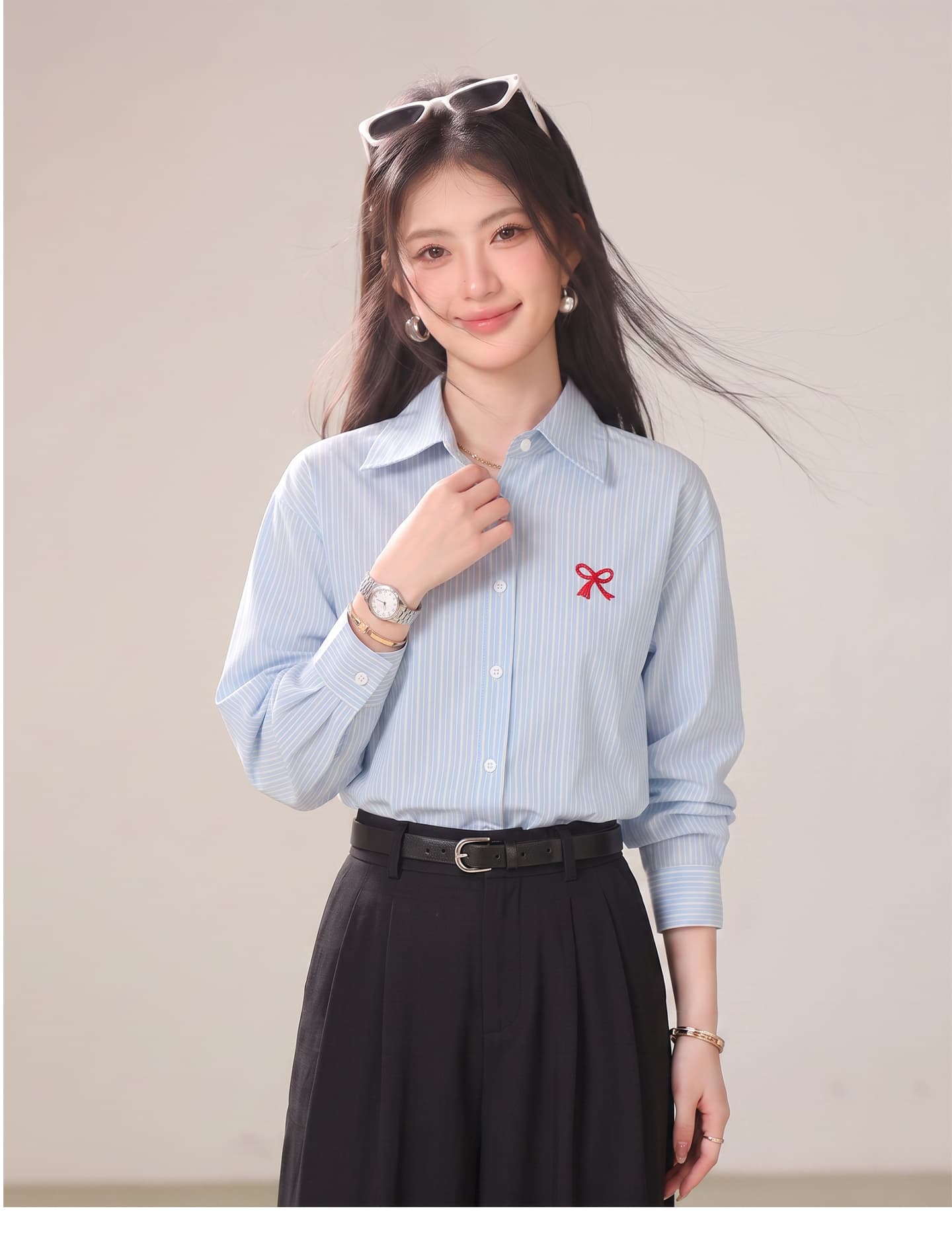 실사 나비 매듭 자수 셔츠 POLO 칼라 오픈 가디건 여성 코트 가을 봄 단색 셔츠 맨위 상세 이미지 12